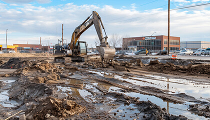 Wall Mural - Large excavator on construction site on a sunny day with blue sky and fluffy clouds, cool modern look