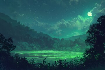  Nighttime Forest Landscape with a Full Moon and Stars