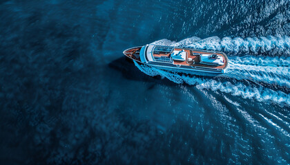 Wall Mural - Aerial view of a large cruise ship traveling with speed and little waves over blue ocean