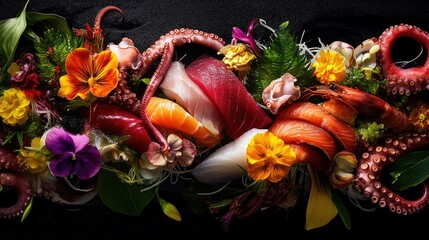 Wall Mural - Fresh raw seafood, octopus, shrimp, and salmon sashimi with edible flowers on a black background.