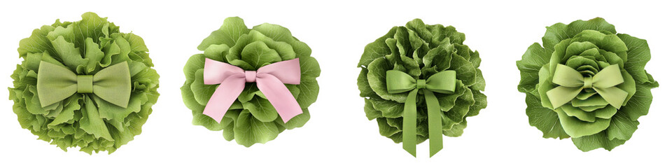 Top view of fresh green lettuce heads creatively adorned with decorative bows in various colors, all neatly arranged side by side on a transparent background.