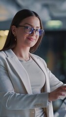 Poster - Vertical Screen: Female Professional Using Tablet Computer. Manager working with Digital Tools in the Workplace, Checking Corporate Business Accounts, Communicating with Partners and Colleagues