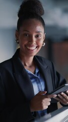 Aufkleber - Vertical Screen: African Businesswoman Smiling While Checking Financial Documents on a Tablet Computer. Portrait of a Successful Female Corporate Manager Looking at Camera in a Modern Office Building