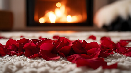 Wall Mural - Red rose petals on white rug, fireplace in background. Close-up shot.