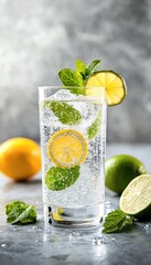 Refreshing glass of sparkling water with lemon and mint, perfect for a summer drink or a healthy beverage.