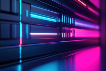 A close-up view of a futuristic server rack with vibrant neon lights, showcasing a blend of technology and modern design.