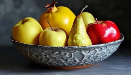 A bowl of five kinds of fruits, red apples, yellow pears, and pomegranate, with unique surface texture