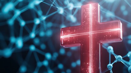 A glowing cross illuminated against a backdrop of interconnected nodes, symbolizing faith and spirituality in a digital age.