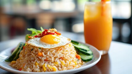 Wall Mural - A plate of fried rice with a fried egg on top, a side of cucumber, and a glass of orange juice in the background.