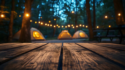 Wall Mural - Wooden table on blur tent camping at night background