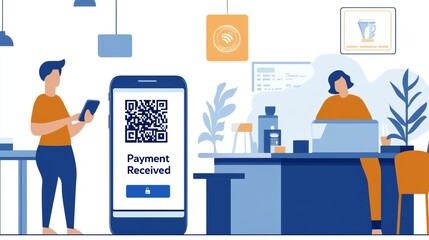 Digital illustration of a person using a smartphone to scan a QR code, with text 