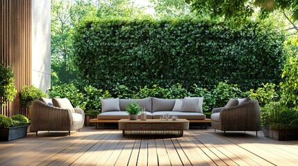 Wall Mural - stylish, wooden terrace with wicker garden furniture copy space for text