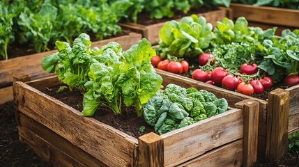 Canvas Print - Vibrant vegetable garden in raised wooden beds