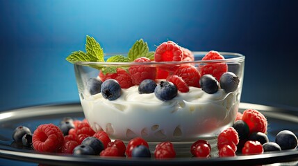 Poster - Bowl of yogurt and fruit muesli, food on a blue background full of dynamism and energy  