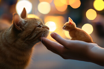 A cat and a kitten are shown in a hand, with the kitten looking up at the cat. Concept of warmth and affection between the two animals, as well as the bond between a pet and its owner