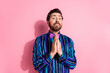 © deagreez - Photo of handsome elegant adorable man wear trendy clothes ask help isolated on pink color background