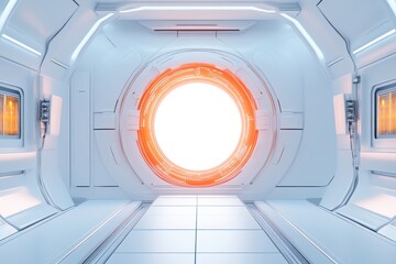 Futuristic corridor with a glowing portal, featuring sleek white walls and warm light accents, ideal for sci-fi themed projects.