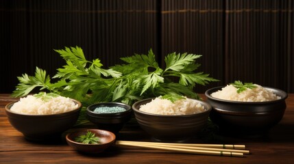 Bowl with rice and curry sauce, a wooden spoon on the side, a wood table background, green parsley leaves around. 