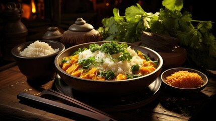 Sticker - Bowl with rice and curry sauce, a wooden spoon on the side, a wood table background, green parsley leaves around. 