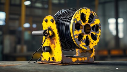 The rusty yellow reel with a blurred background shows an industrial-style beauty.