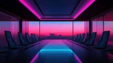 Wall Mural - Modern conference room with vibrant neon lighting and a stunning sunset view, perfect for business meetings and presentations.