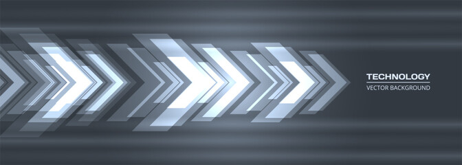 Poster - Abstract glowing arrows futuristic technology background concept high-speed movement. Dynamic motion hi tech digital arrows on dark grey wide banner background. Vector illustration