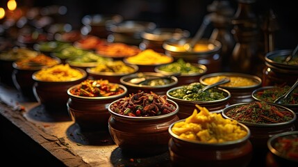 Poster - Bowls of indian food on dark table. 