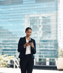 Fototapete - Woman, cellphone and walking in city for business, communication and app for directions. Technology, corporate female person and online in street for networking and notification for travel or commute