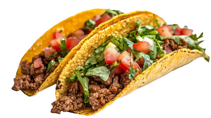 Two tacos filled with ground beef, tomatoes, cilantro and onions.