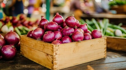 Close-up of a wooden box of red onions on a table, market stalls in the background, perfect for fresh produce themes with copy space