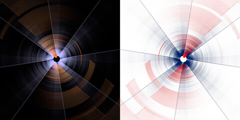 Wall Mural - Red, blue, orange air blades rotate on black and white backgrounds. Set of dynamic abstract fractal backgrounds. 3D rendering. 3D illustration.