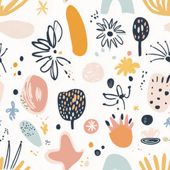 Canvas Print - Playful doodle pattern with abstract shapes, flowers, and plants in soft pastel colors on a white background. The seamless tile exudes a cheerful, whimsical feel.