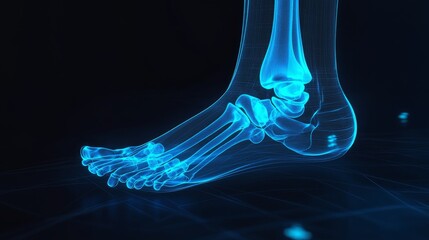 During a medical illustration, blue glowing foot bones are visible through the skin