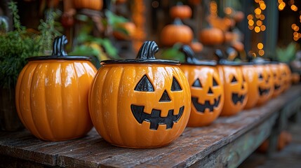 Wall Mural - a lineup of orange pumpkin shaped buckets on a wooden surface