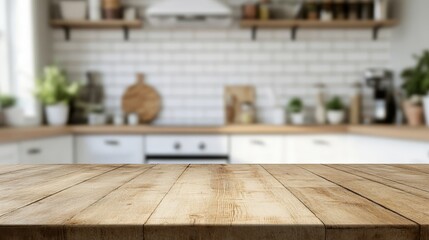 Wall Mural - Wooden Tabletop with Blurred Kitchen Background.