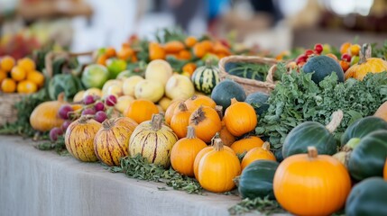 Colorful assortment of fresh vegetables and fruits at a market stall during autumn season