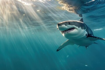 Great white shark swimming underwater with sunlight filtering through the ocean, displaying its sharp teeth. ai