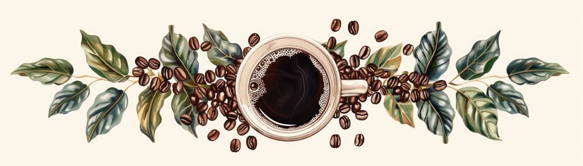 Illustration of a coffee cup filled with steaming black coffee, surrounded by coffee beans and green leaves on a cream background. ai