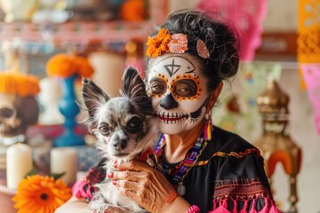 Wall Mural - Older woman with Day of the Dead face paint holding a small dog, surrounded by vibrant decorations and marigold flowers, representing Mexican cultural traditions. ai