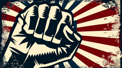 Patriotic poster. Clenched fist in the air in front of the american flag. Symbol of american power, strenght, unity or liberty. USA patriot