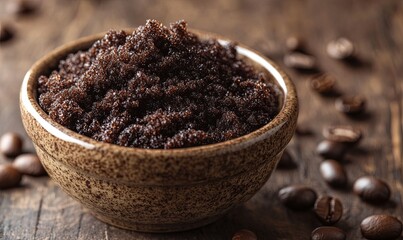 Poster - A bowl of coffee grounds sits on a wooden table