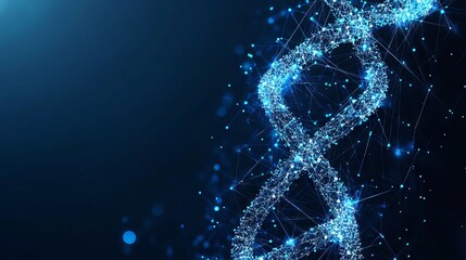 DNA with polygon line with dark blue background. Science background. Low poly wireframe with lines, dots and glowing particles