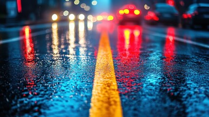 Wall Mural - Rainy night in the big city, the headlights of the approaching car. Close up view from the asphalt level,dividing line,by streetlights, reflections of city lights on rain-covered road,night time.