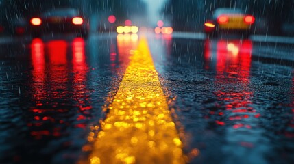 Wall Mural - Rainy night in the big city, the headlights of the approaching car. Close up view from the asphalt level,dividing line,by streetlights, reflections of city lights on rain-covered road,night time.