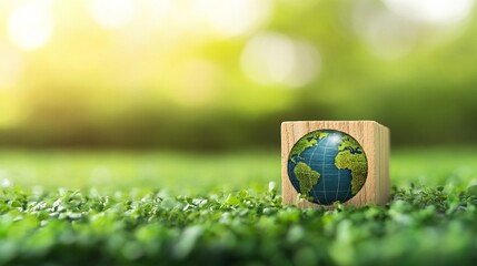 Environment icon on a wood block in green nature background.. save the earth the clean planet, ecology concept with copy space and world environment day concept 