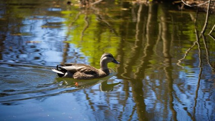 A lone duck swimming in a colorful pond reflection