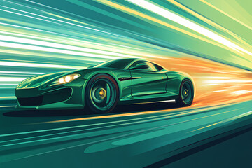 Wall Mural - green car at high speed along the highway obscures the speed of movement, cartoon style, vector, 3d rendering