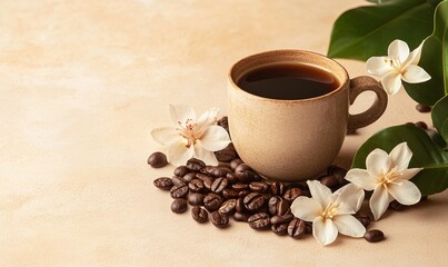 Poster - A cup of coffee is on a table with coffee beans and flowers