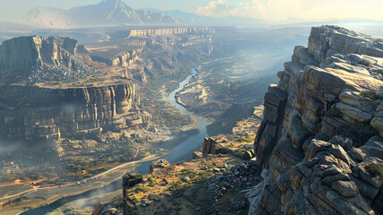 Wall Mural - a view of a plateau mountain with rocky cliffs and a winding river