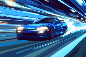 Wall Mural - blue car at high speed along the highway blur movement speed, cartoon style, vector, 3d rendering